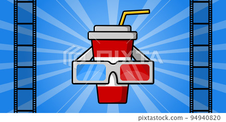 A glass with a drink and a straw and cardboard stereo 3d glasses. Cinema screen and film strip. Cinema poster. Vector illustration A glass with a drink and a straw and cardboard stereo 3d glasses. Cinema screen and film strip. Cinema poster. Vector illustration 94940820