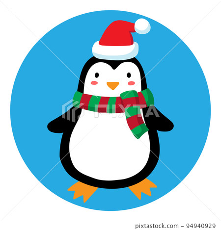 Cartoon penguin in a scarf and hat. A penguin in a red-green scarf and a Santa hat. Winter christmas illustration. Children's print. Vector illustration Cartoon penguin in a scarf and hat. A penguin in a red-green scarf and a Santa hat. Winter christmas illustration. Children's print. Vector illustration 94940929
