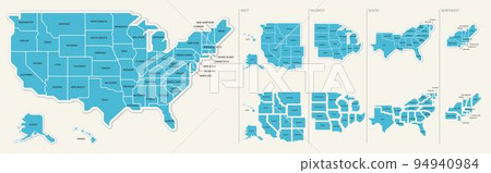 Map of the United States divided into 4 states with state names 94940984