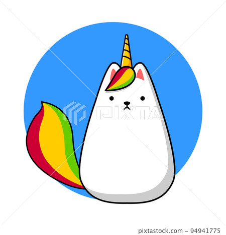 Cartoon image of a white cat with a horn and a tail of a unicorn. Birthday. Vector illustration 94941775