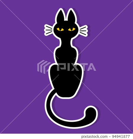 Sticker of a black cat with yellow eyes on a purple background. Halloween image. Vector illustration. Sticker of a black cat with yellow eyes on a purple background. Halloween image. Vector illustration. 94941877