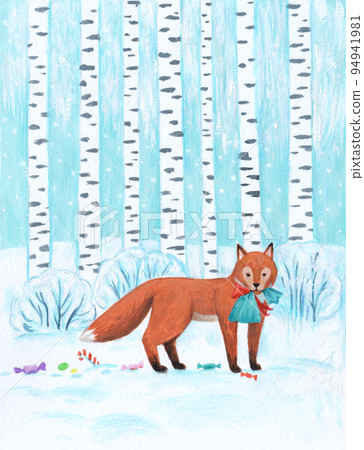 Fox in birch forest. Painting in simple cartoon style. Holiday postcard illustration. Fox in birch forest. Painting in simple cartoon style. Holiday postcard illustration. 94941981