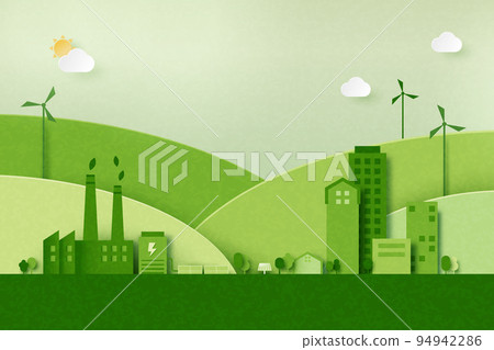 Green industry and alternative renewable energy.Green eco friendly cityscape background.Paper art of ecology and environment concept. 94942286