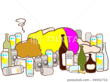 Illustration of an alcoholic woman lying down after drinking a lot and feeling sick 94942718