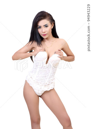 beautiful asian woman in white underwear in studio on white background beautiful asian woman in white underwear in studio on white background 94943229