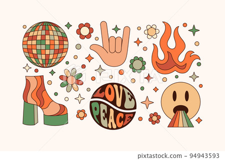 Groovy Elements Set in Retro Hippie Style 70s . Geometric Abstract Vector Stickers: Disco Ball, Rock Hand, Fire, Shoe Groovy Elements Set in Retro Hippie Style 70s . Geometric Abstract Vector Stickers: Disco Ball, Rock Hand, Fire, Shoe 94943593