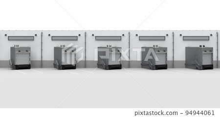 Warehouse exterior with shutter doors and truck parking lots Warehouse exterior with shutter doors and truck parking lots 94944061