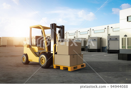 Forklift truck with cardboard boxes at warehouse 94944088