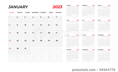 2023 Calendar. The week starts on Sunday. Annual calendar 2023 template. 94944779