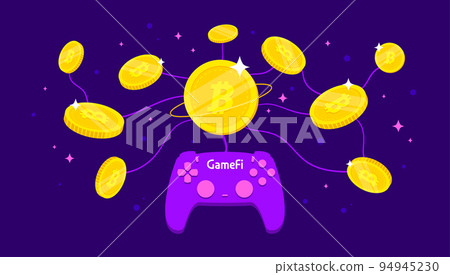 GameFi concept. Crypto currency coins with game controller on blue background. GameFi concept. Crypto currency coins with game controller on blue background. 94945230