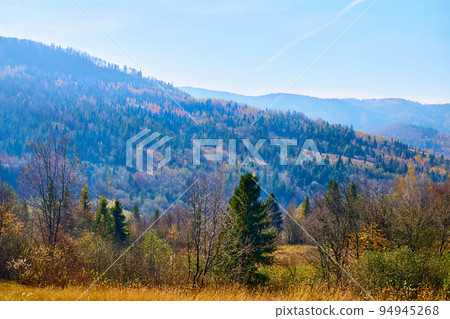 Aerial view of an autumn small village in a valley and mountains in a blue haze 94945268