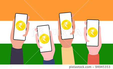 Digital Rupee Coins on mobile screen of people, CBDC currency futuristic digital money. Digital Rupee Coins on mobile screen of people, CBDC currency futuristic digital money. 94945353