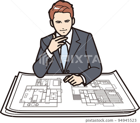 Businessman thinking by looking at drawings Businessman thinking by looking at drawings 94945523