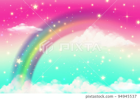 Rainbow background with clouds and sprinkles in watercolor style on pink background. Fantasy pastel color. Realistic vector cartoon illustration. Rainbow background with clouds and sprinkles in watercolor style on pink background. Fantasy pastel color. Realistic vector cartoon illustration. 94945537