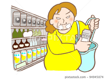 Illustration of an alcoholic middle-aged woman who shoplifts canned beer because she can't control her desire to drink at a liquor store 94945874