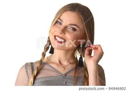 Happy woman with long pigtail and beautiful makeup 94946902
