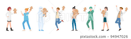 護理人員或醫生或科學家或醫學專家的男性與女性團隊與薑餅人,慶祝聖誕節,向量卡通風格 94947026