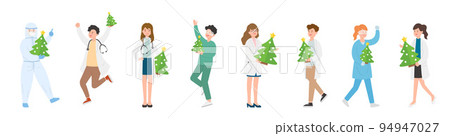Male and female team of paramedics or doctors or scientists or medical specialists with christmas tree, celebrating christmas, vector cartoon style 94947027