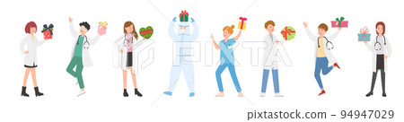 Male and female team of paramedic or doctor or scientist or medical specialist with gift box, surprise for christmas or new year or wedding or birthday, vector cartoon style 94947029