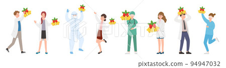 Male and female team of paramedics or doctors or scientists or medical specialists with bells having fun celebrating christmas or new year, vector cartoon style 94947032