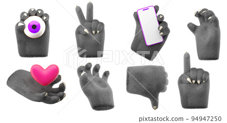 3d furry wolf hands set in plastic cartoon style. Different fingers and palm gesture. Werewolf monster Halloween character palms. High quality isolated render 3d furry wolf hands set in plastic cartoon style. Different fingers and palm gesture. Werewolf monster Halloween character palms. High quality isolated render 94947250