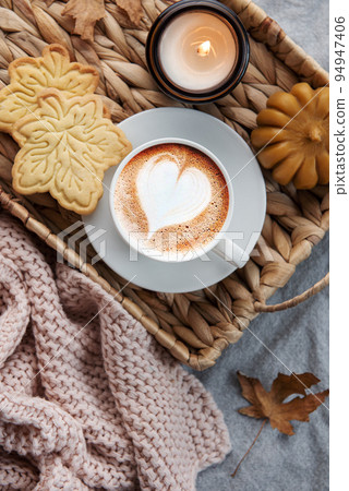 Fall flat lay with coffee and autumn decor 94947406