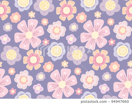 Delicate vector pattern with flat hand drawn flowers on lavender background. Tender cartoon ditsy background. Simple pastel floral texture 94947660