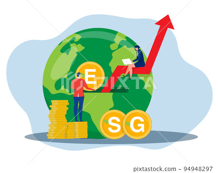 ESG concept environmental social and governance concept Businessman drop coin for invest energy sources. Preserving resources of planet.flat vector illustration ESG concept environmental social and governance concept Businessman drop coin for invest energy sources. Preserving resources of planet.flat vector illustration 94948297