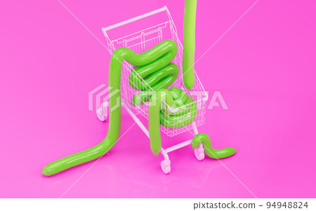Green cartoon poop is in shopping cart. 3d render, 3d trendy illustration. Green cartoon poop is in shopping cart. 3d render, 3d trendy illustration. 94948824