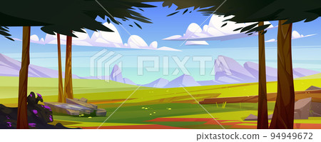 Summer scene with meadow, trees and mountains 94949672