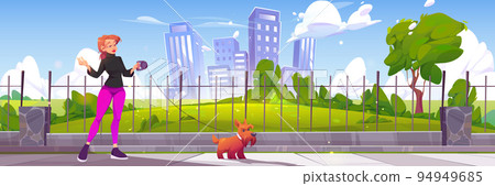 Woman walk with dog in park, leisure with animal 94949685