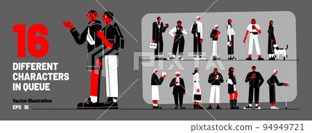Set of different characters standing in long queue - Stock ...