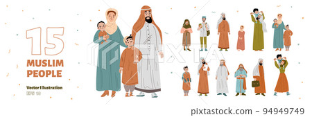 Muslim people set, arab men, women and kids 94949749