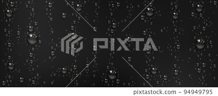 Realistic water drops on black wet surface Realistic water drops on black wet surface 94949795