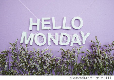 Hello Monday alphabet letters with flower frame on purple background 94950111