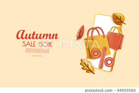 Autumn sale background with leaves, shopping bag, gift box, percent symbol. 3D illustration Autumn sale background with leaves, shopping bag, gift box, percent symbol. 3D illustration 94950560