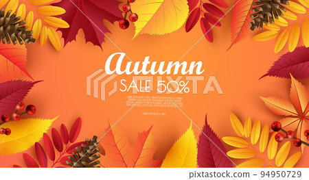 Autumn Sale Fashionable Banner Template with Colorful Leaves. Shopping Discount promotion. Poster, card, flyer, label. 94950729