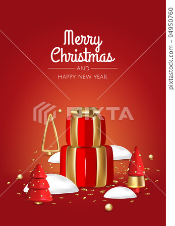 Happy New Year and Merry Christmas. Background with realistic holiday gift box. A Christmas gift. Gift surprise, golden christmas trees, balls, shiny golden confetti. 94950760