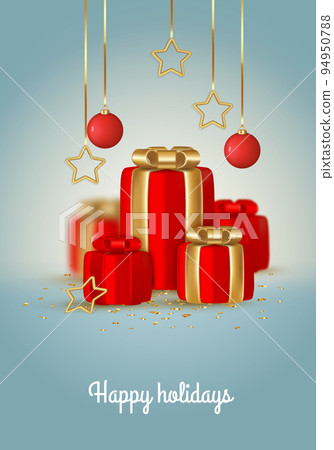 Merry Christmas and Happy New Year. Realistic gift boxes. Holiday banner, web poster, flyer, greeting card. Merry Christmas and Happy New Year. Realistic gift boxes. Holiday banner, web poster, flyer, greeting card. 94950788