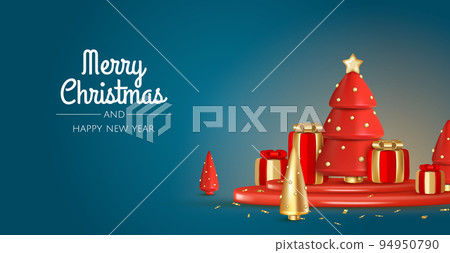 Christmas and New Year background. Xmas background with Christmas tree, gifts, balls, snowflakes. Greeting card, banner, poster 94950790