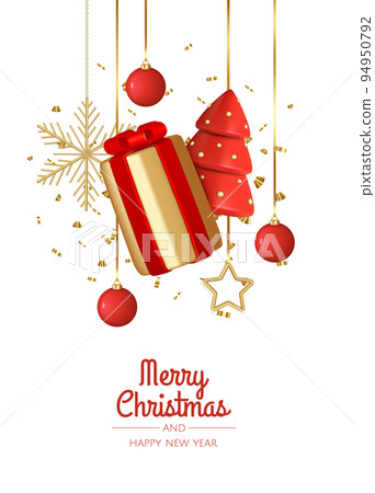 Christmas background. Design with realistic Christmas tree, gift box, snowflakes, balls. Festive composition 94950792