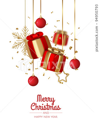 Merry Christmas and Happy New Year. Realistic gift boxes. Holiday banner, web poster, flyer, greeting card. Merry Christmas and Happy New Year. Realistic gift boxes. Holiday banner, web poster, flyer, greeting card. 94950793
