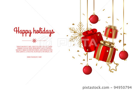 Christmas banner. Background christmas design with realistic gift box, shiny golden confetti. Christmas banner. Background christmas design with realistic gift box, shiny golden confetti. 94950794