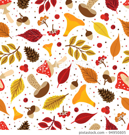 Vector colorful autumn seamless pattern with fall leaves, cone and mushrooms. 94950805