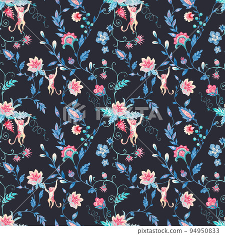 Beautiful vector seamless floral pattern with hand drawn watercolor abstract flowers in old traditional style with monkey. Stock illustration. 94950833