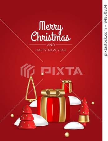 Merry Christmas and Happy New Year. Realistic gift boxes. Holiday banner, web poster, flyer, greeting card. 94950834