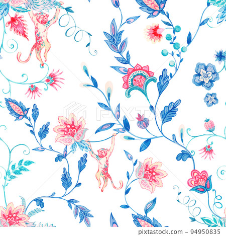 Beautiful vector seamless floral pattern with hand drawn watercolor abstract flowers in old traditional style with monkey. Stock illustration. 94950835