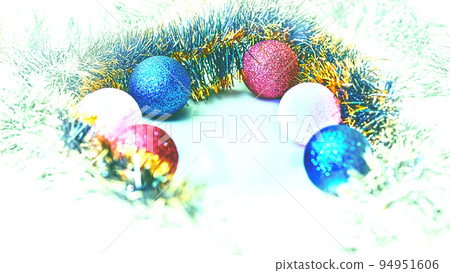 Christmas balls, Christmas tree rain covered with snow. Space for text 94951606
