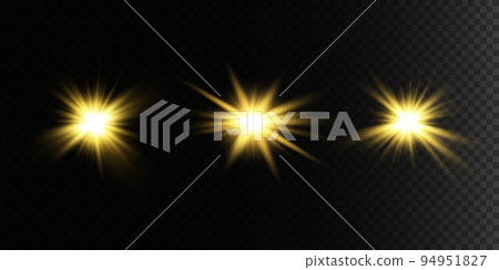 Set glow light effect with white sparks and golden stars shine with special light.White glowing light. Star Light from the rays. The sun is backlit. Bright beautiful star. Sunlight. EPS10. 94951827