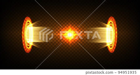 Magic fantasy portal. Futuristic teleport. Light effect. Blue candles rays of a night scene with sparks on a transparent background. Empty light effect of the podium. Disco club dancefloor. 94951935
